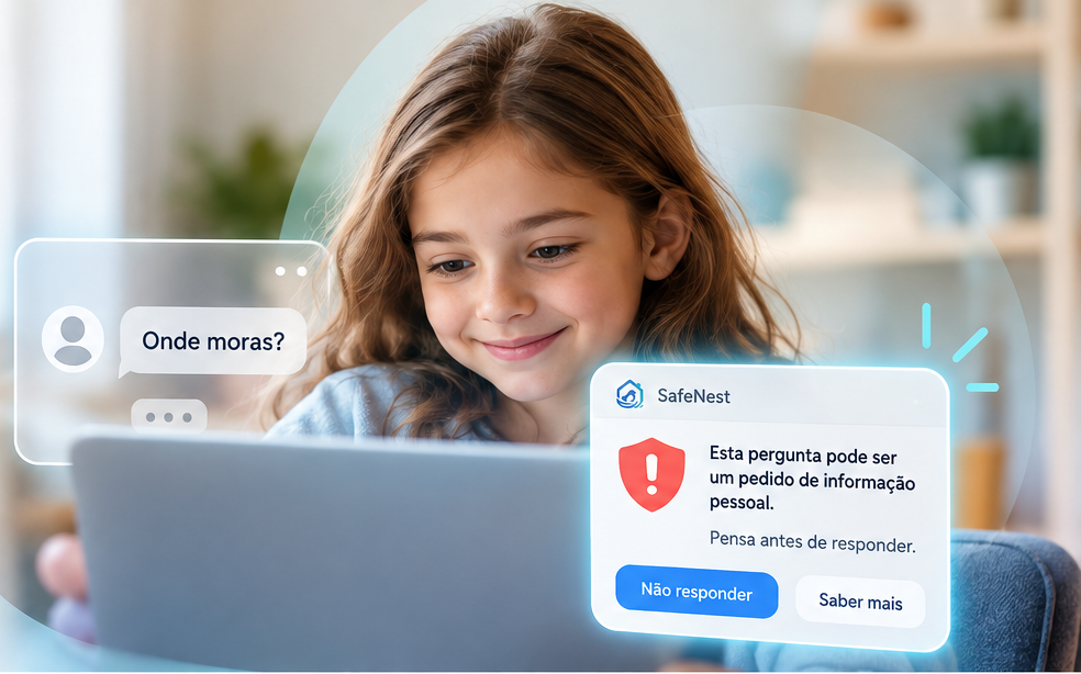 Conceito visual SafeNest: criança a utilizar um computador com orientação preventiva