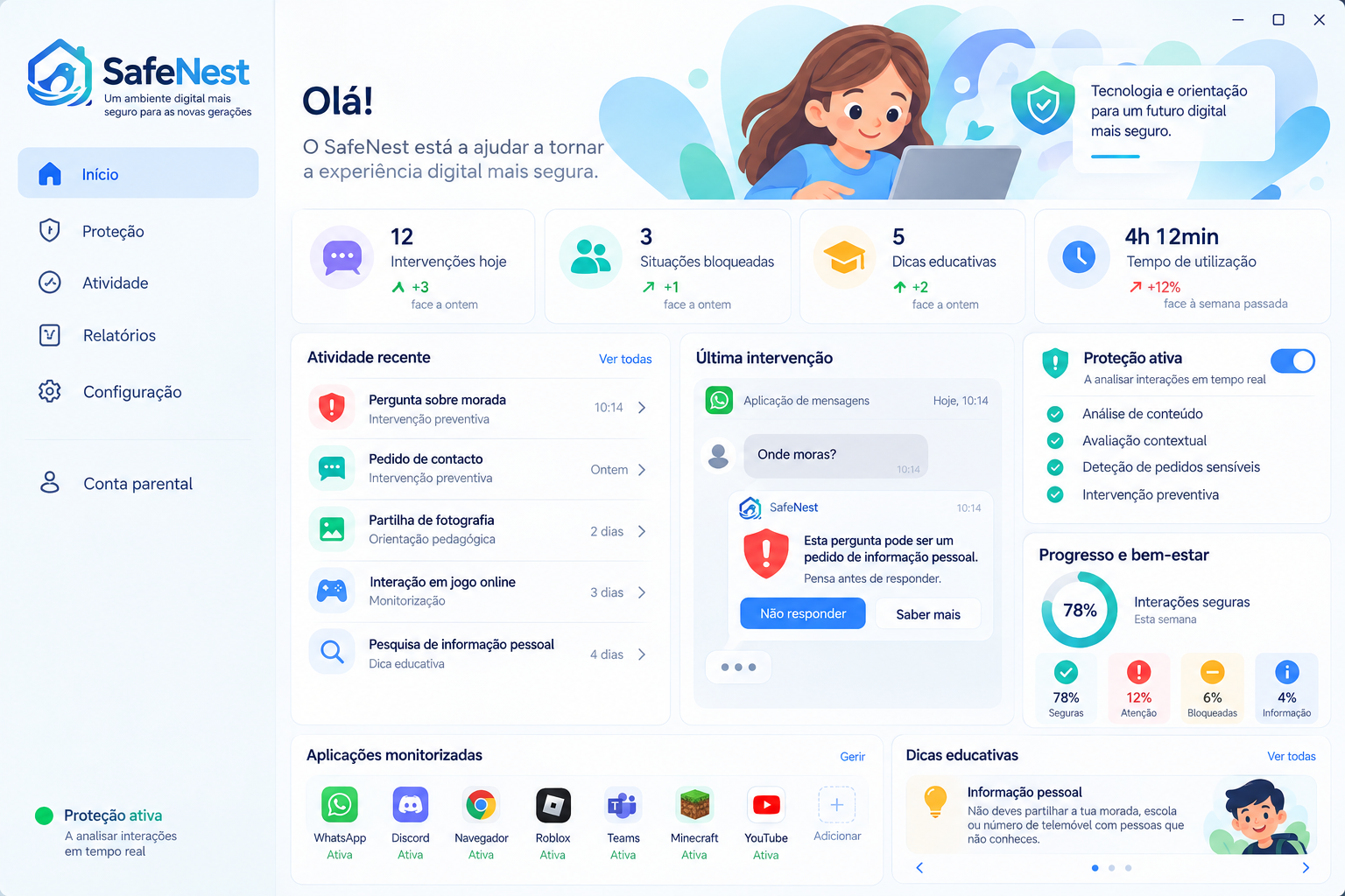Mockup conceptual do agente SafeNest no dispositivo da criança